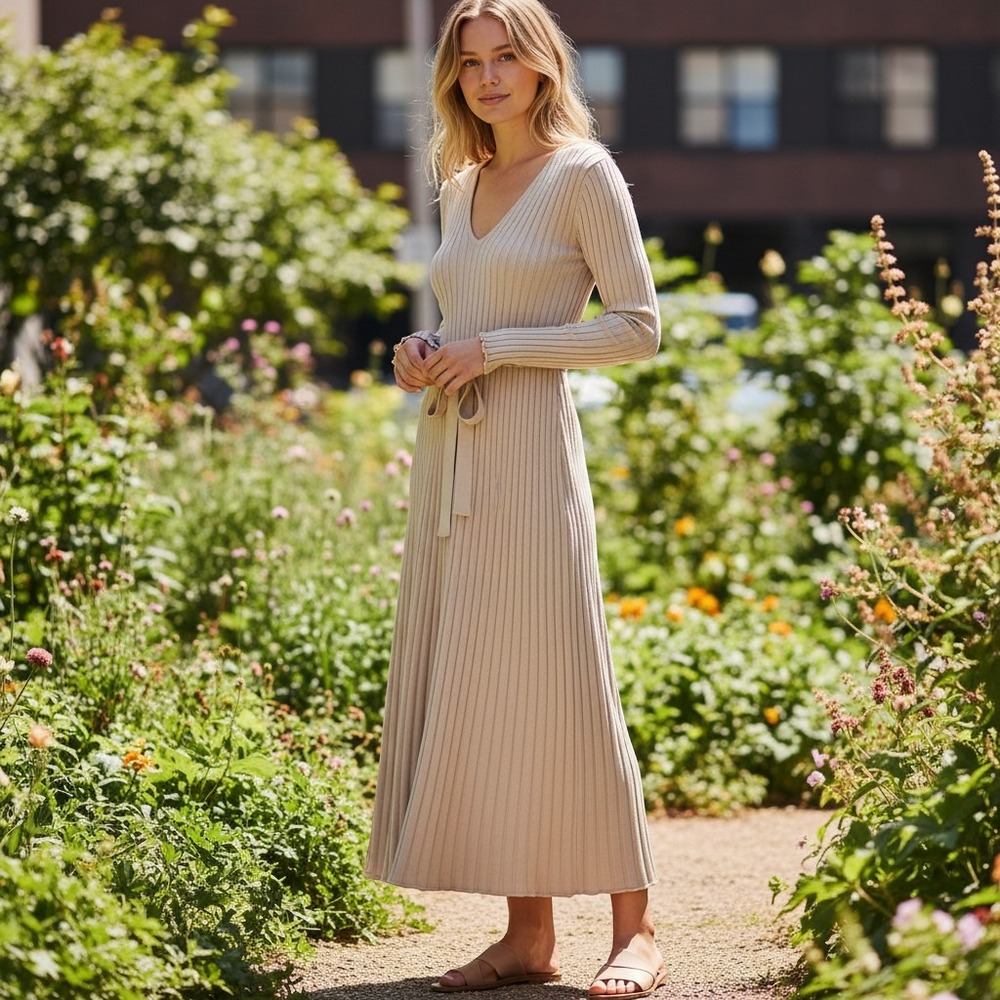 DISSH Beige Ribbed V‑Neck Midi Dress with Tie Waist